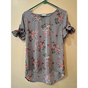 Women's Black‎ White Floral Striped Blouse Romantic Bow Country Tie Chic Large